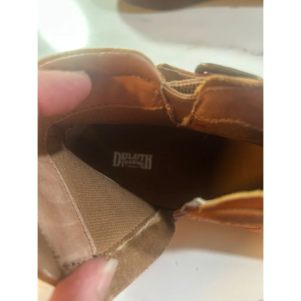 Duluth Trading Co Womens Brown Leather Buckle Zip Ankle Boots Wedge Sole Tan